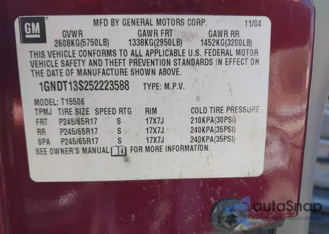 2005 Chevrolet Trailblazer Lt z USA, uszkodzony, nr VIN 1GNDT13S252223588